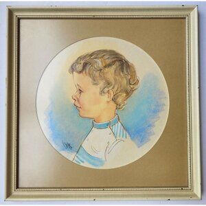 Vintage Mid Century Child Portrait, Original Oil Pastel Drawing, Framed 17" x 17
